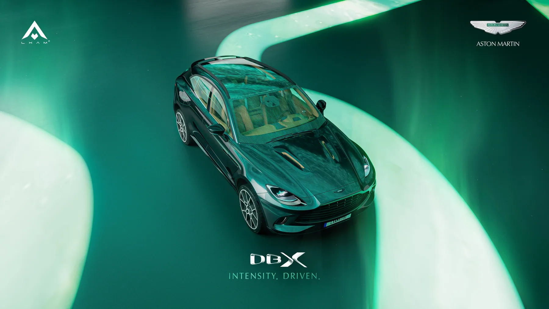 Aston Martin DBX màu xanh ngọc trong bối cảnh dải sáng, render bằng Blender