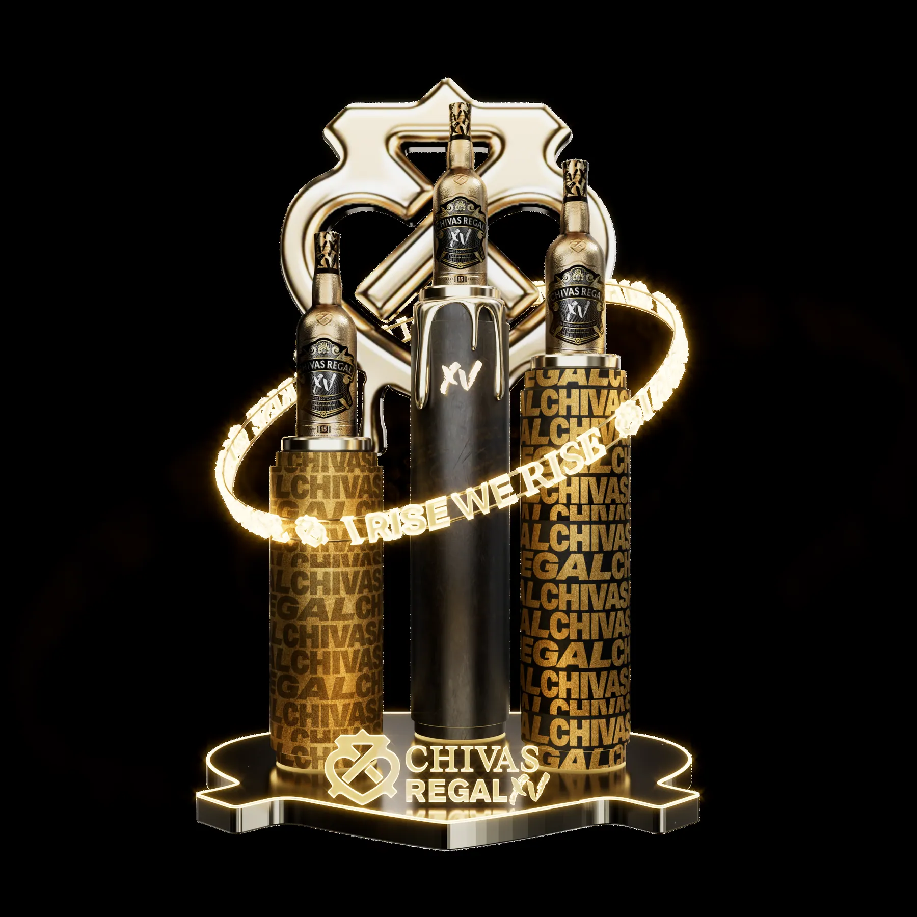 Kệ trưng bày ba chai Chivas Regal 15 với vòng đèn chữ