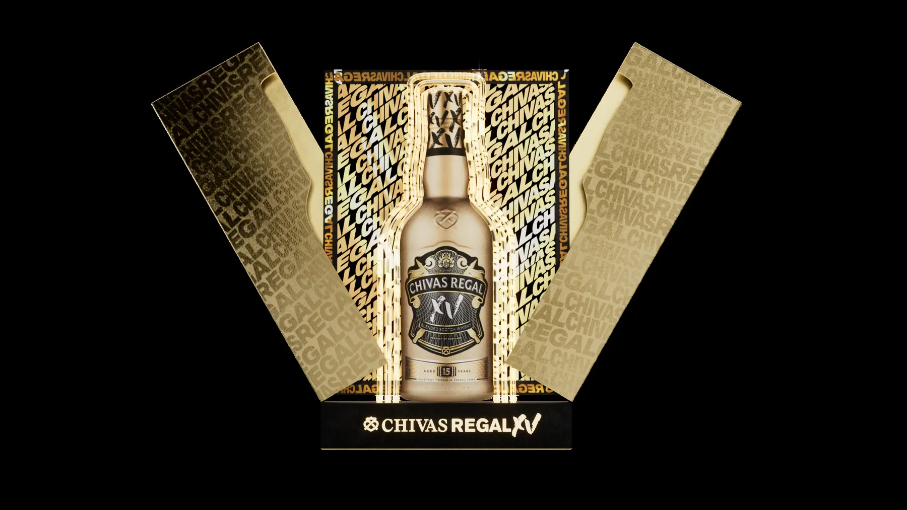 Tent card Chivas Regal 15 mở ra, mặt trước có hình chai