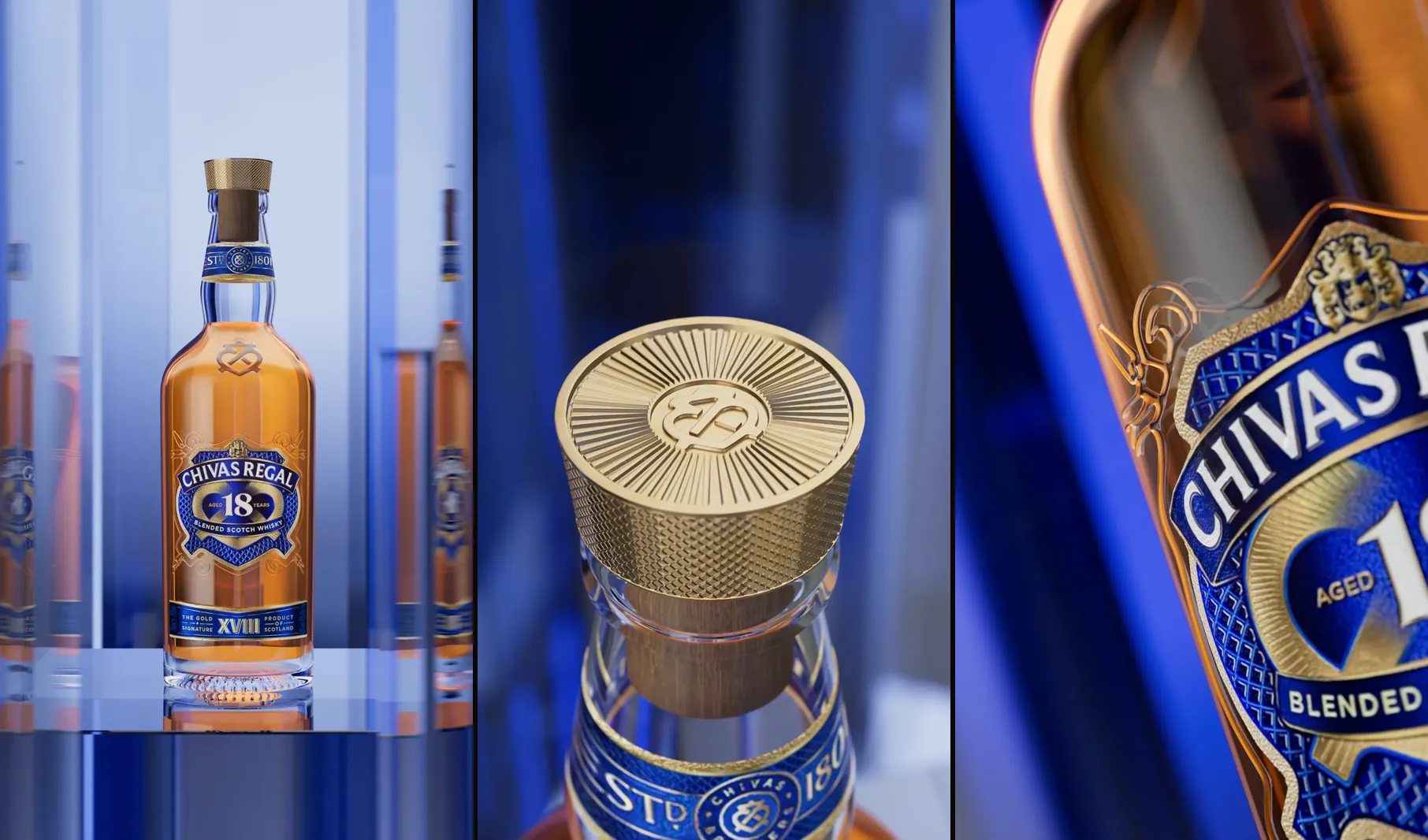 Ba khung hình chai Chivas Regal 18 dựng 3D: toàn chai, nắp vàng và nhãn