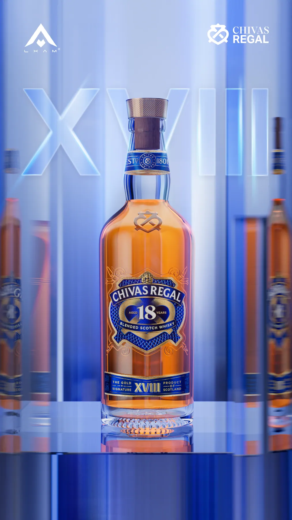 Key visual chai Chivas Regal 18 với chữ XVIII phía sau
