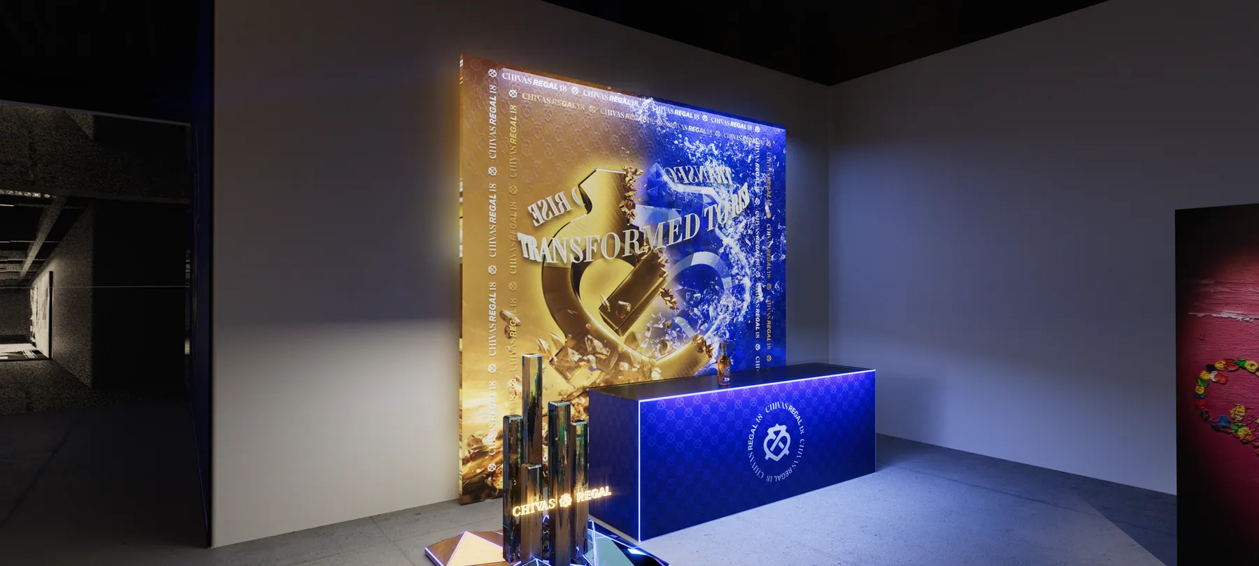 Quầy bar triển lãm Chivas Regal 18 với tường vàng xanh