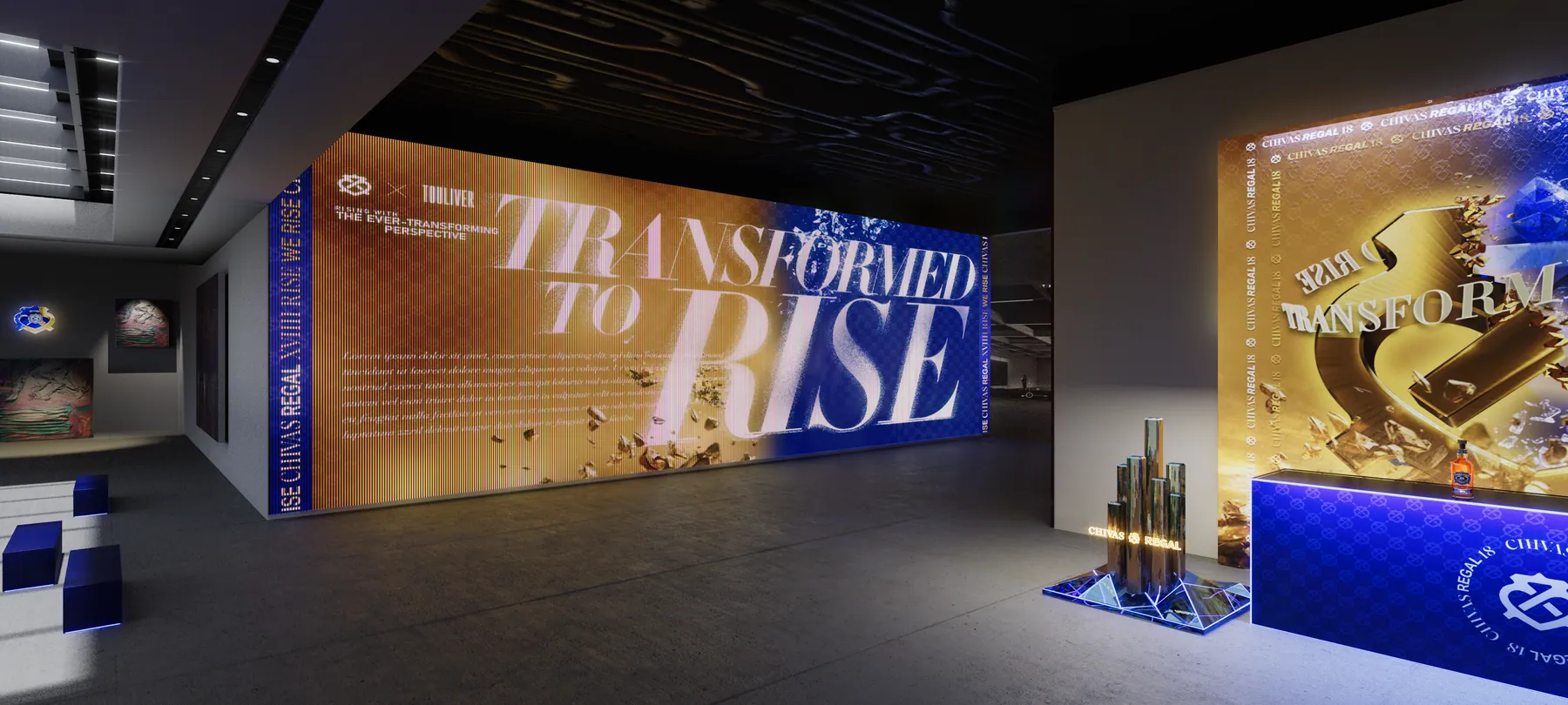 Tường chữ Transformed to Rise và quầy bar triển lãm Chivas Regal 18