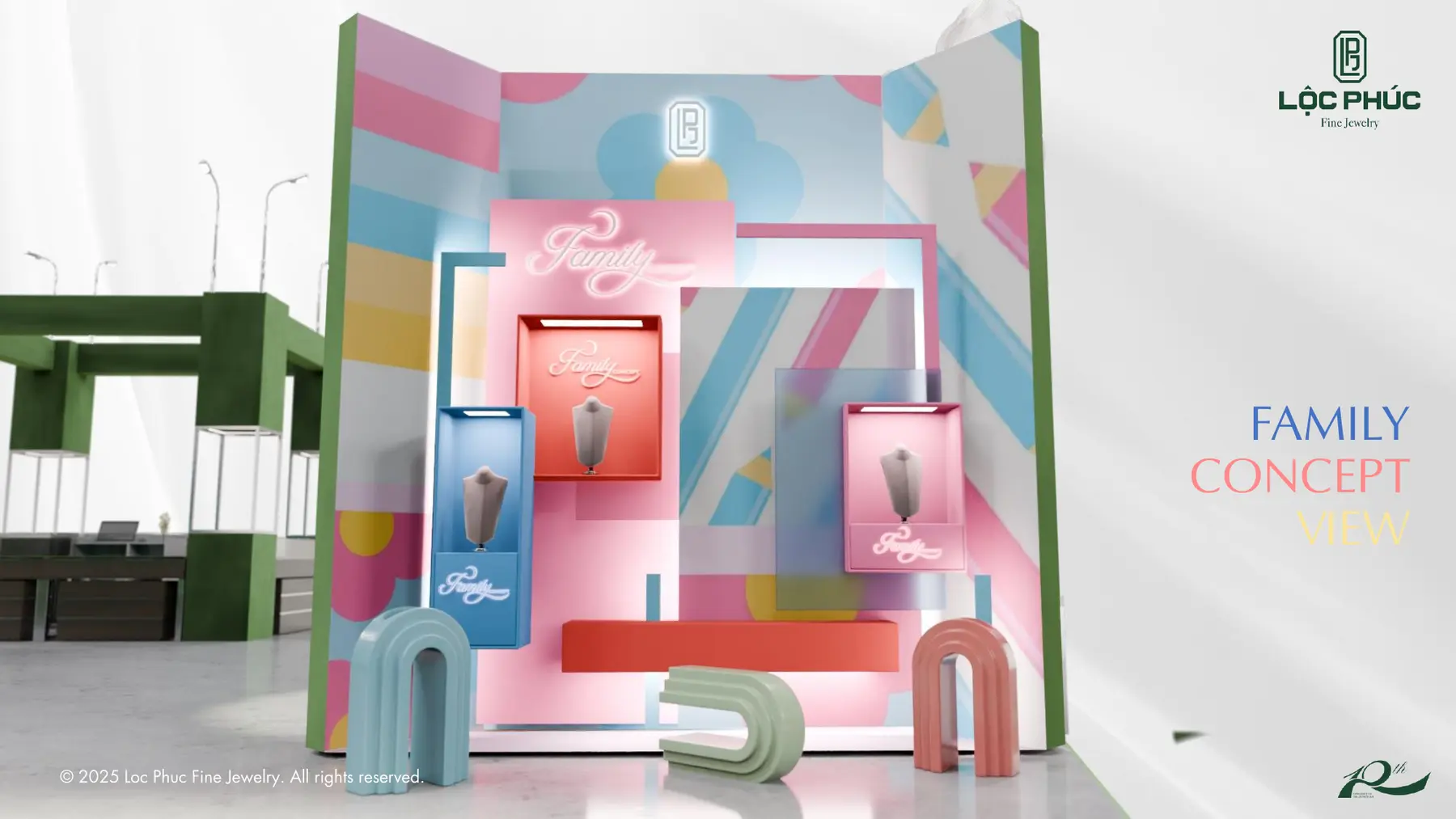 Khu Family Concept tông pastel nhiều màu tại triển lãm Lộc Phúc, phối cảnh 3D