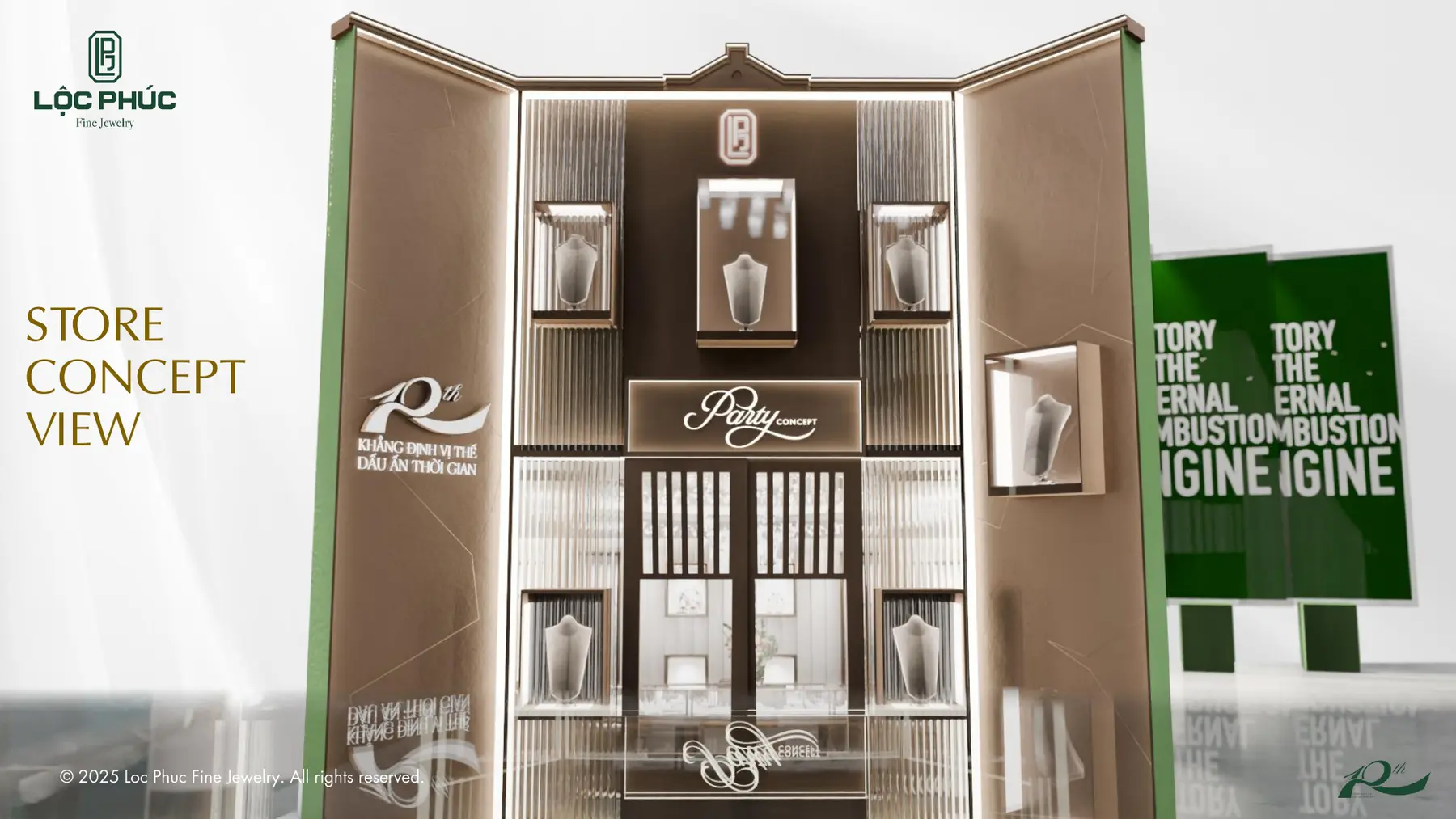 Khu Store Concept tông đồng với tủ trưng bày trang sức, phối cảnh 3D