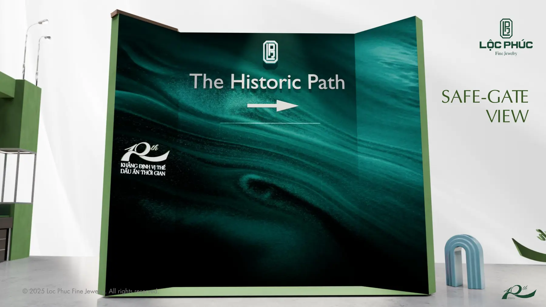 Tường The Historic Path màu xanh ngọc tại triển lãm 10 năm Lộc Phúc, phối cảnh 3D