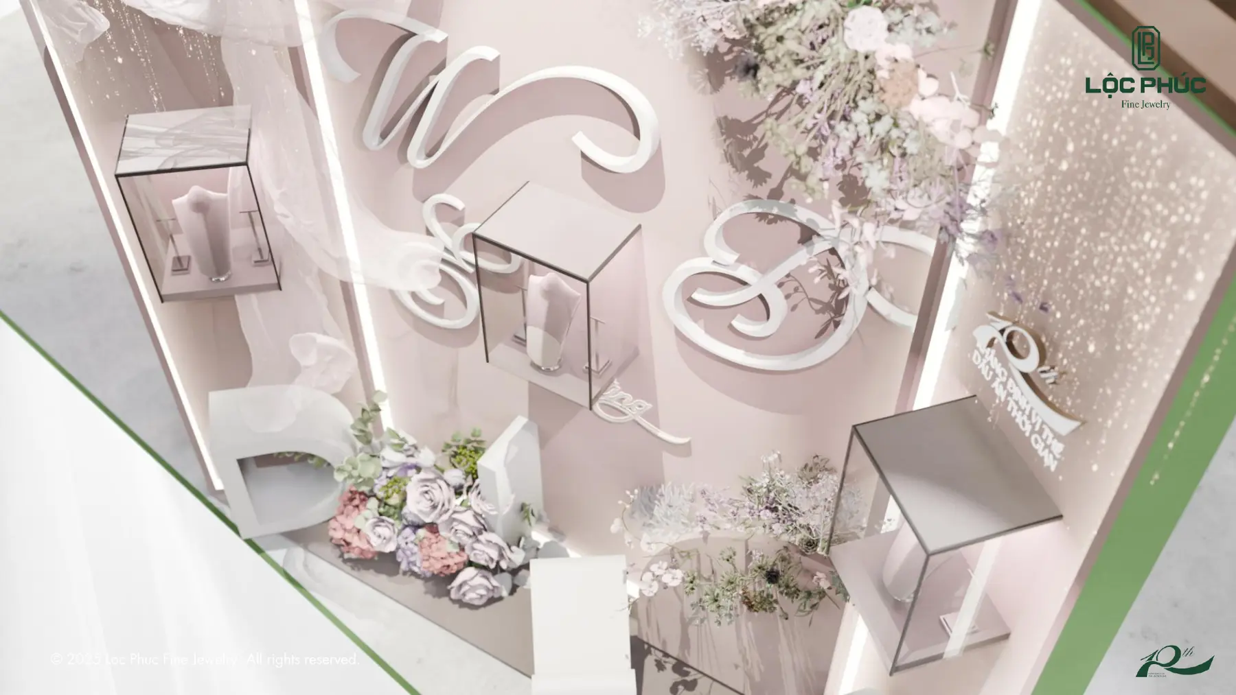 Tiểu cảnh hoa và tủ kính tại khu Wedding Concept, phối cảnh 3D