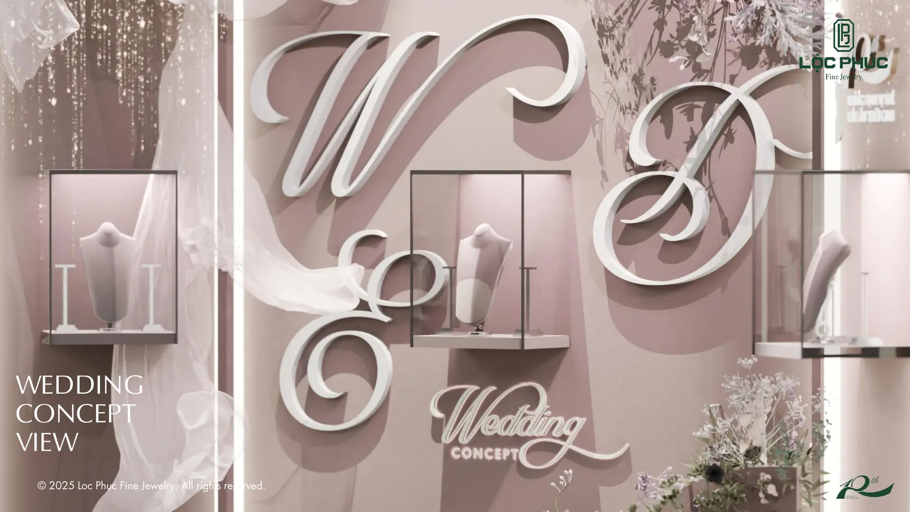 Khu Wedding Concept tông hồng phấn với chữ W E D D I N G, phối cảnh 3D