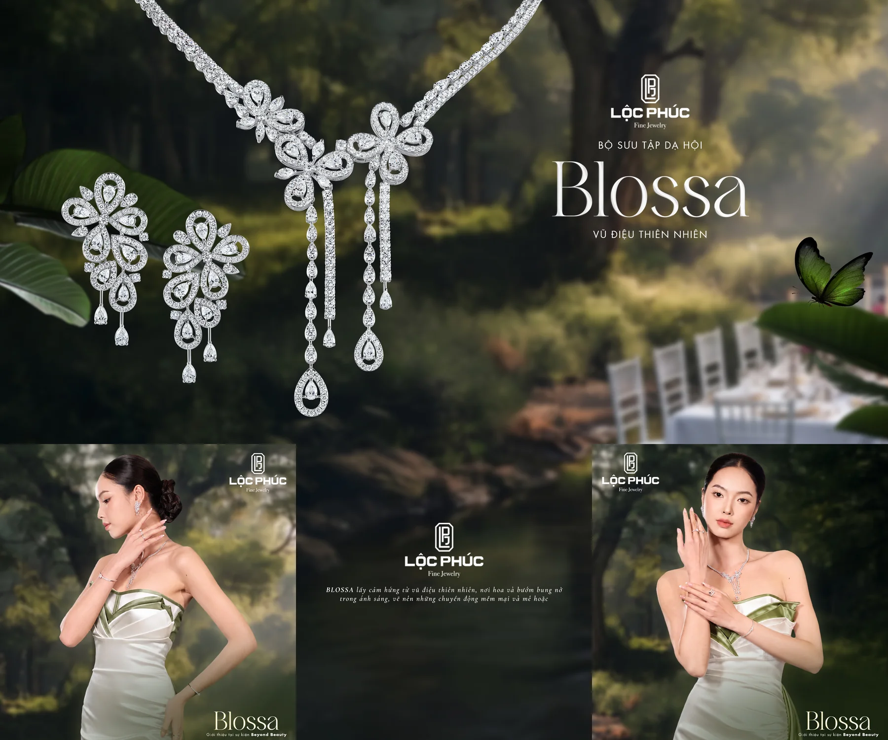 Key visual bộ sưu tập dạ hội Blossa của Lộc Phúc, vòng cổ và bông tai hình cánh hoa trên nền rừng cây