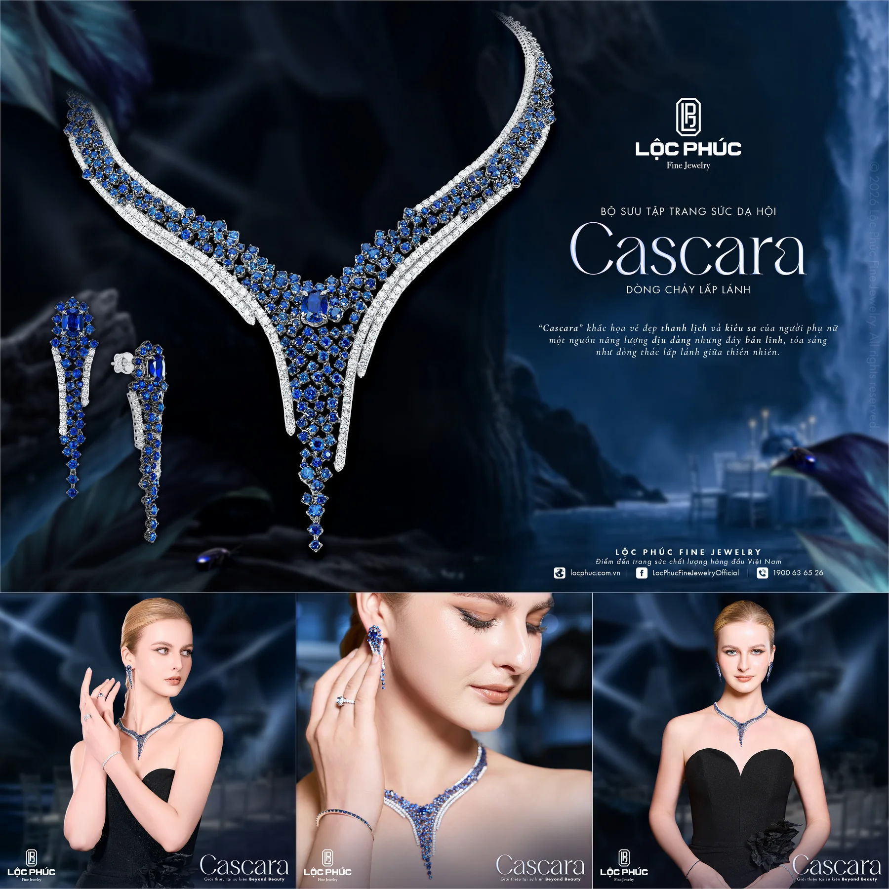 Key visual bộ sưu tập dạ hội Cascara, vòng cổ chữ V đá sapphire xanh trên nền hang tối và thác nước