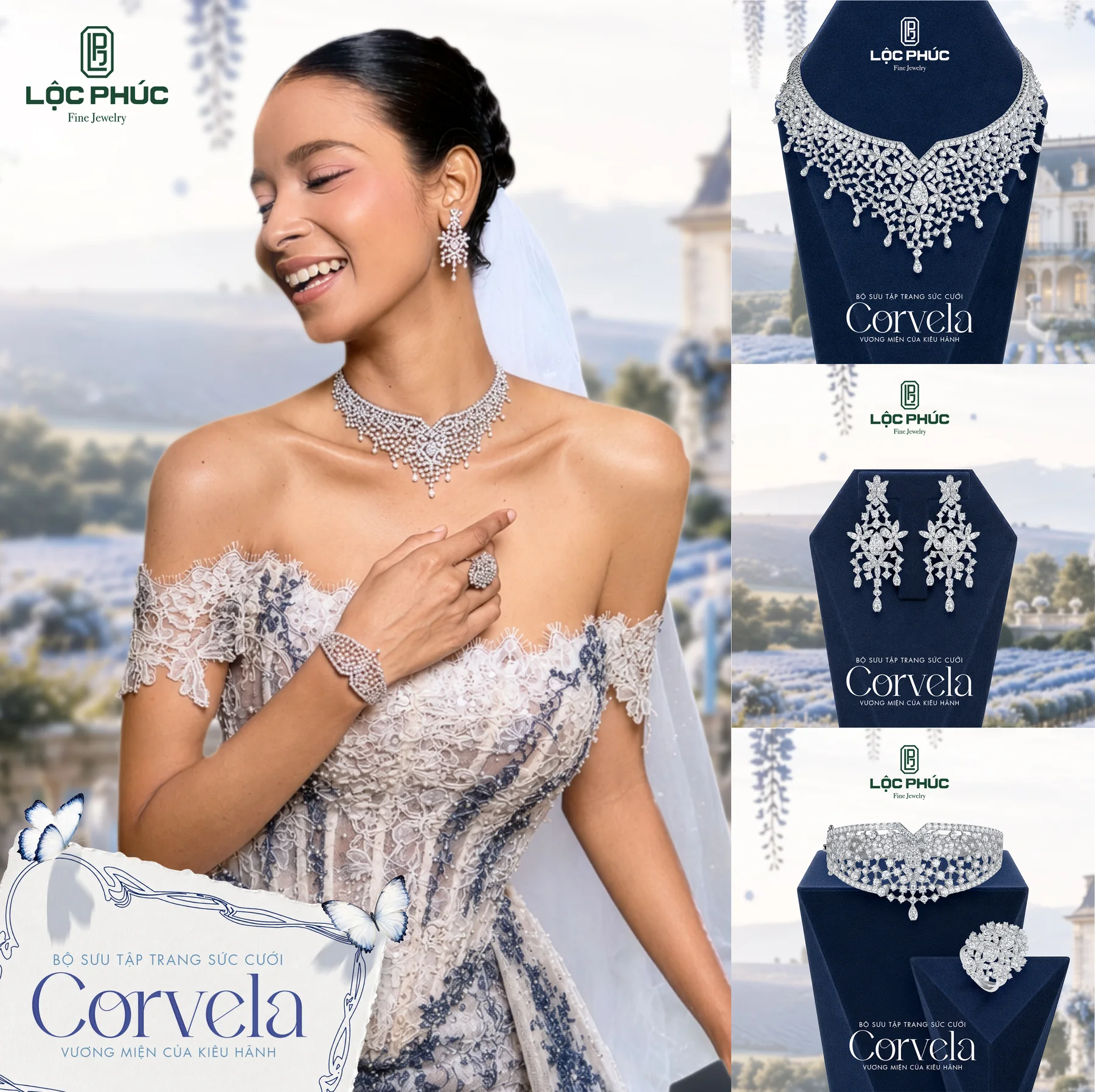 Key visual bộ sưu tập trang sức cưới Corvela, cô dâu đeo vòng cổ và bông tai kim cương, nền đồi oải hương