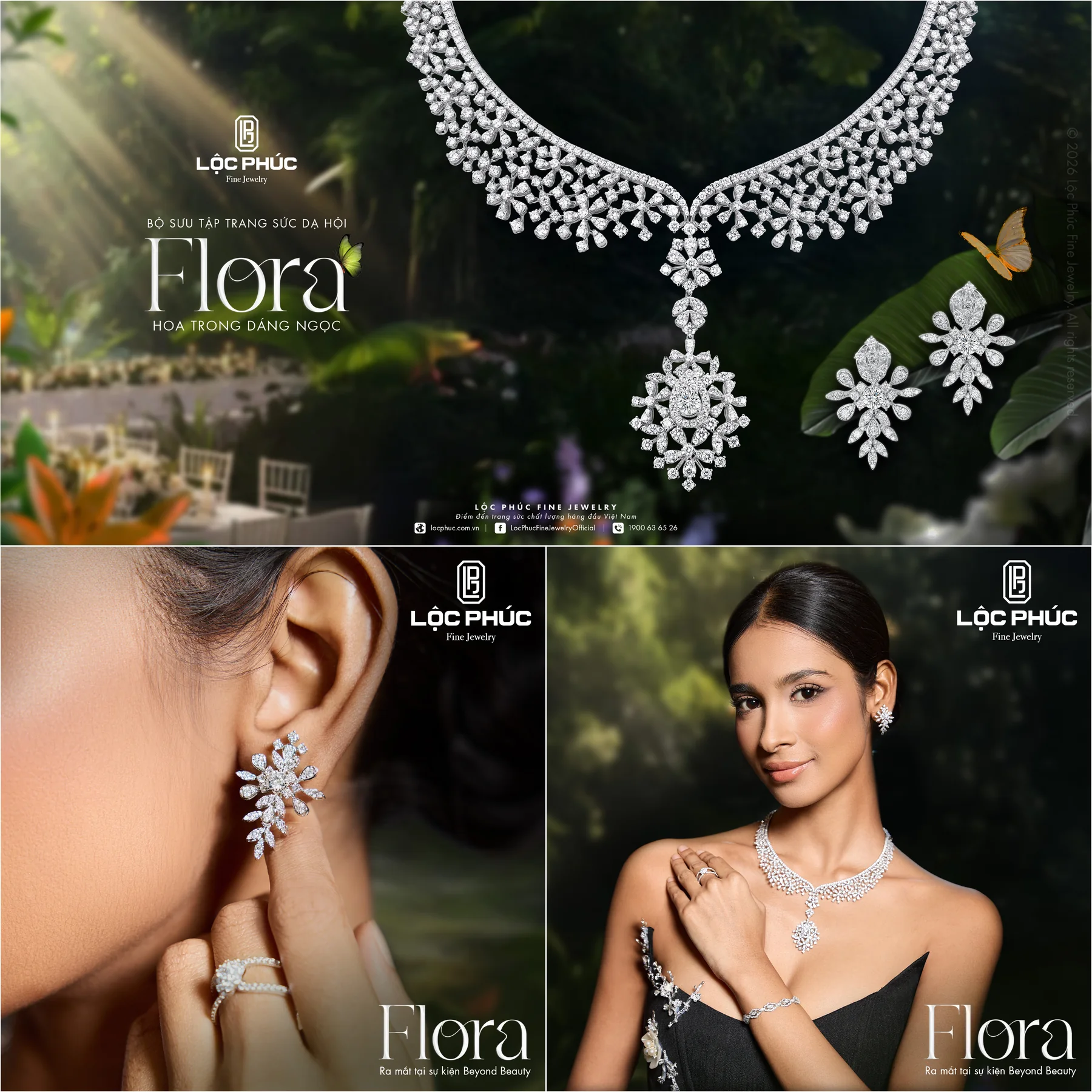 Key visual bộ sưu tập dạ hội Flora, vòng cổ kim cương hoạ tiết hoa lá trên nền vườn xanh đậm