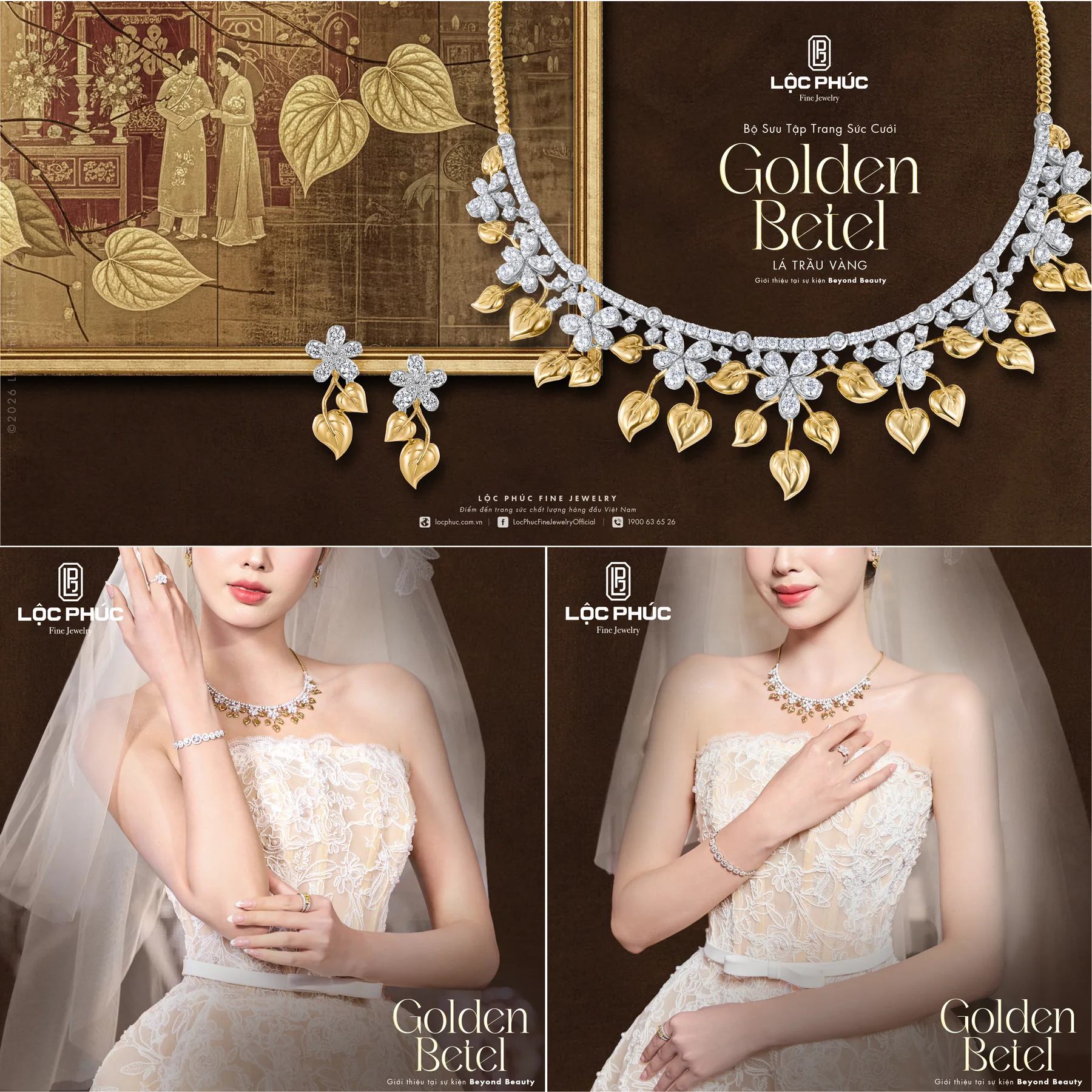 Key visual bộ sưu tập trang sức cưới Golden Betel, vòng cổ lá trầu vàng và hoa kim cương trên nền tranh xưa