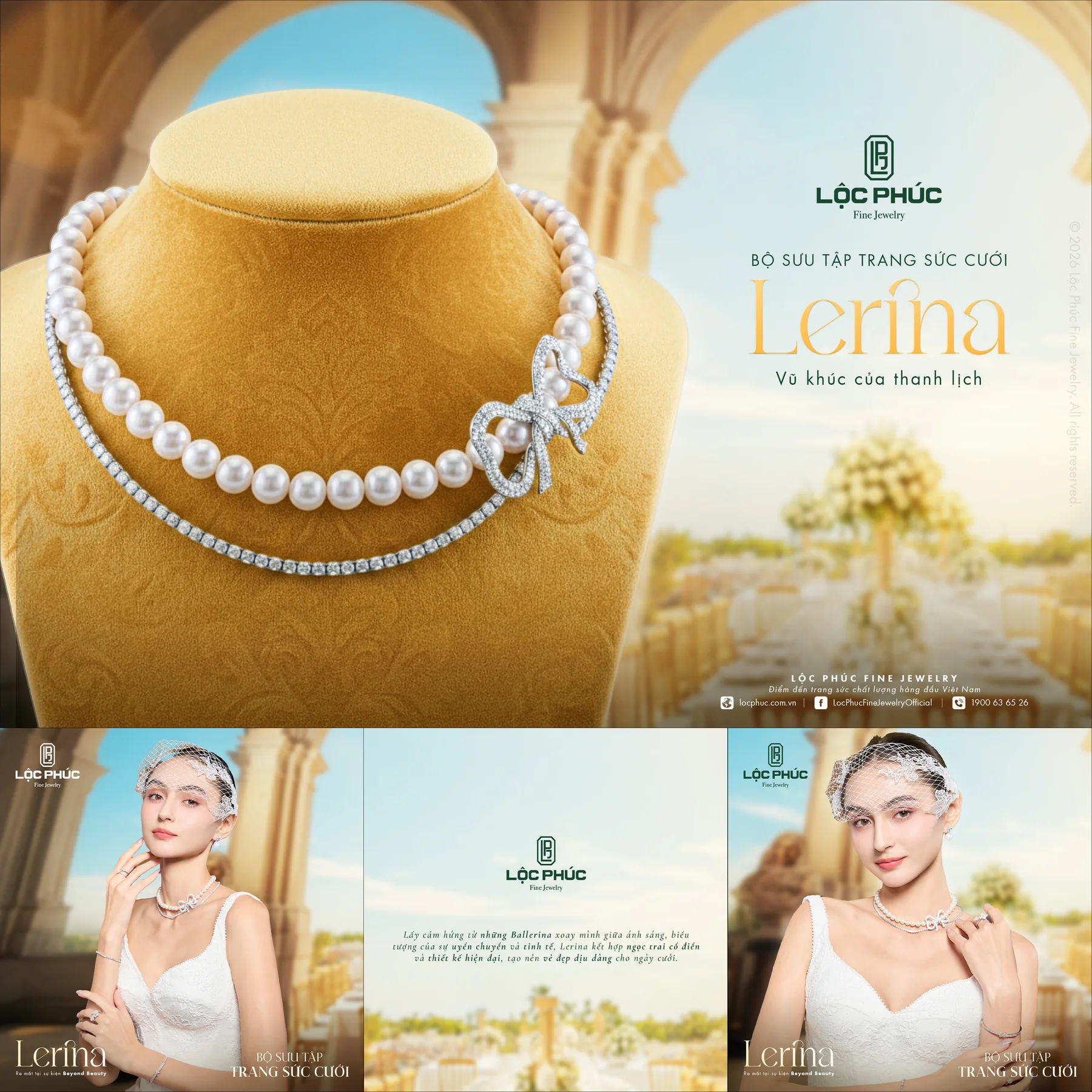 Key visual bộ sưu tập trang sức cưới Lerina, vòng ngọc trai và dây kim cương có khoá hình nơ