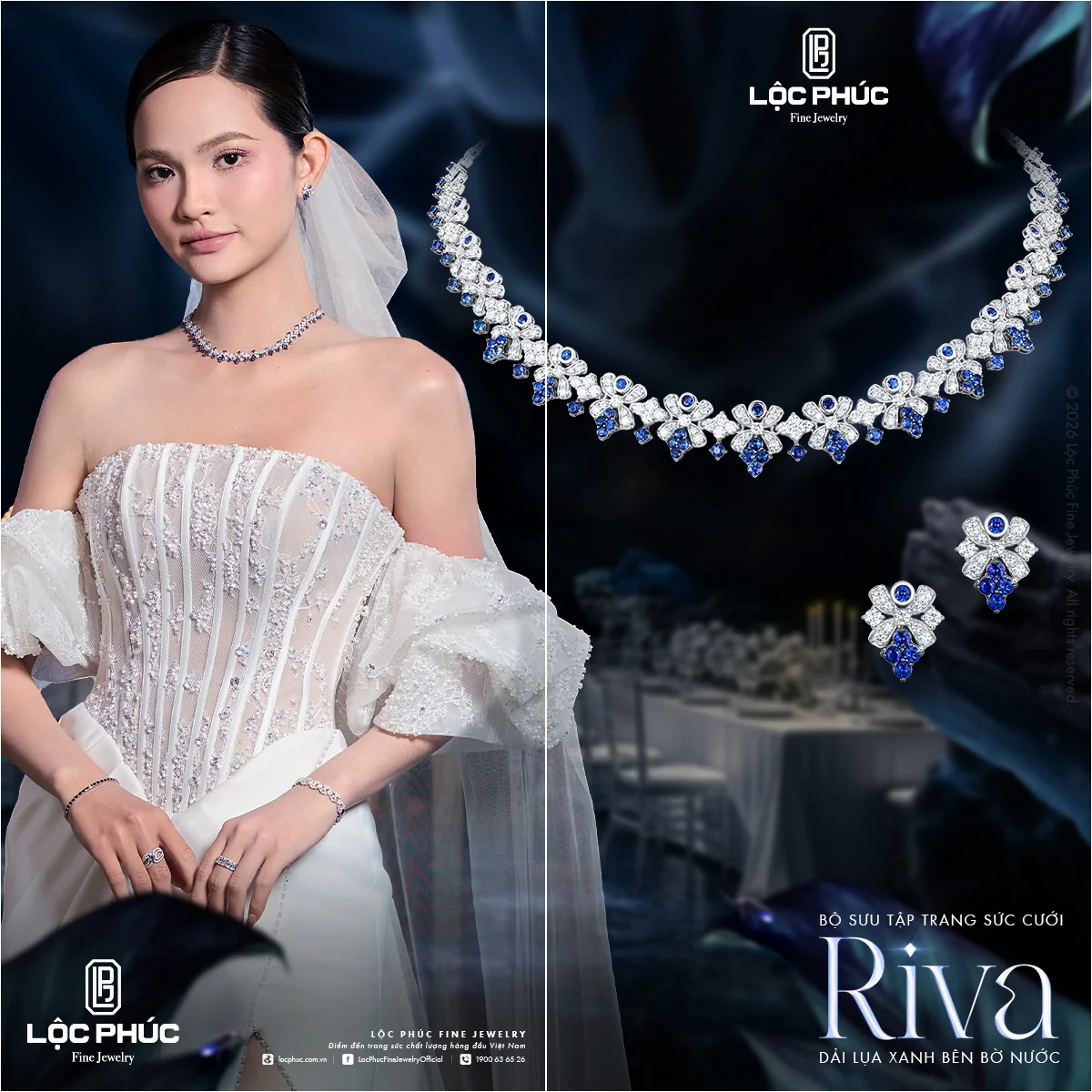 Key visual bộ sưu tập trang sức cưới Riva, cô dâu áo tay phồng và bộ vòng cổ kim cương điểm sapphire