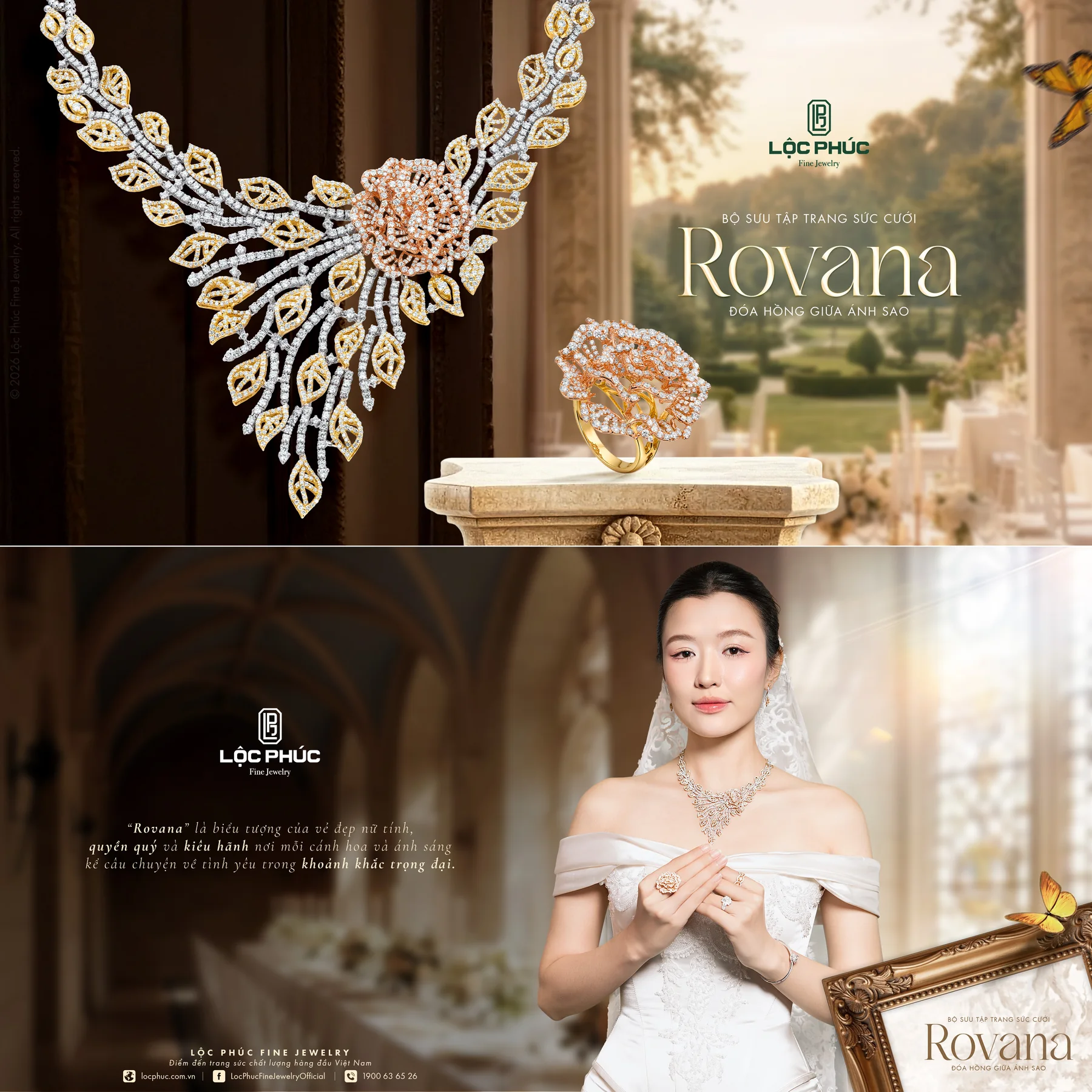 Key visual bộ sưu tập trang sức cưới Rovana, vòng cổ vàng hoạ tiết lá và hoa hồng vàng hồng