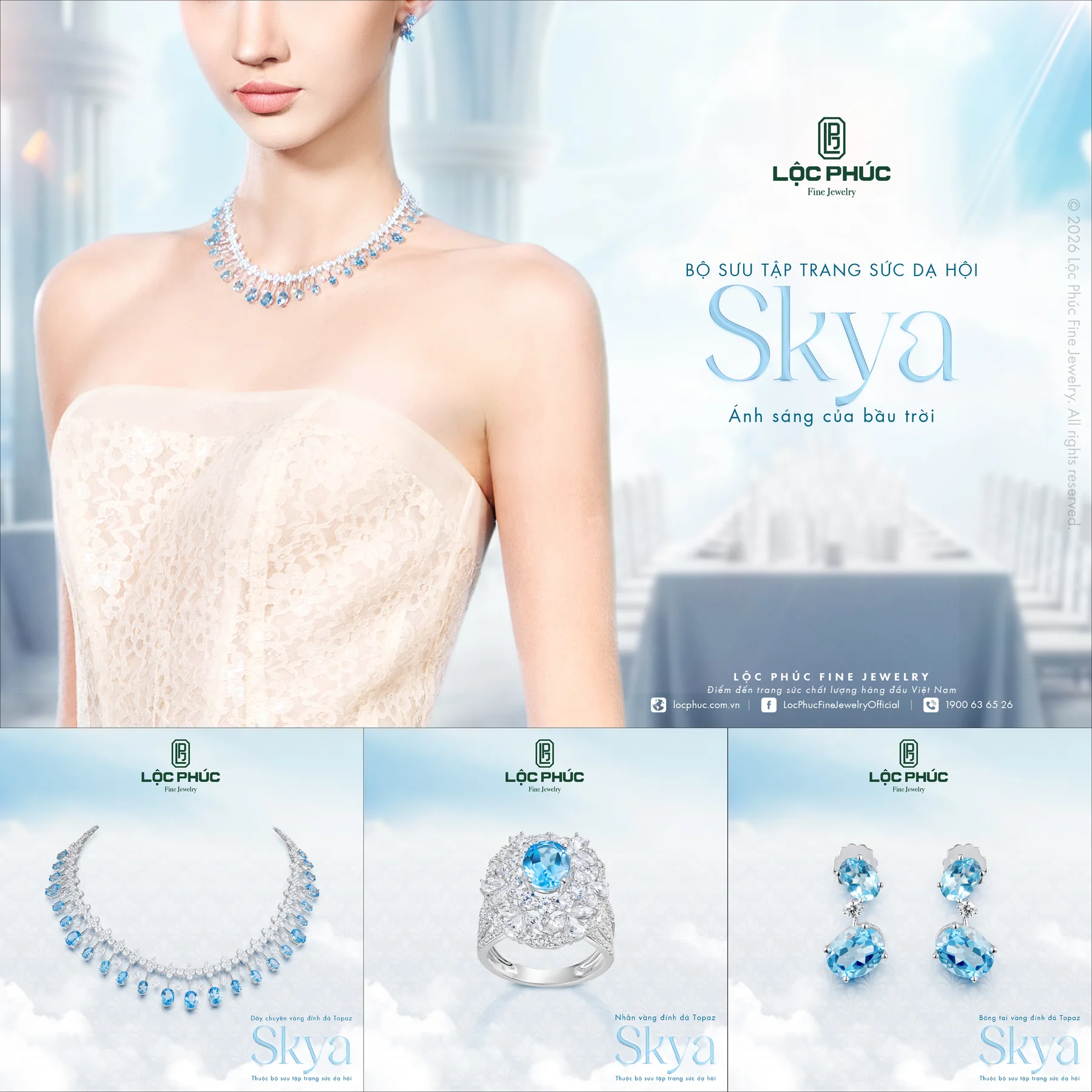 Key visual bộ sưu tập dạ hội Skya, vòng cổ đá topaz xanh trên nền trời và mây trắng