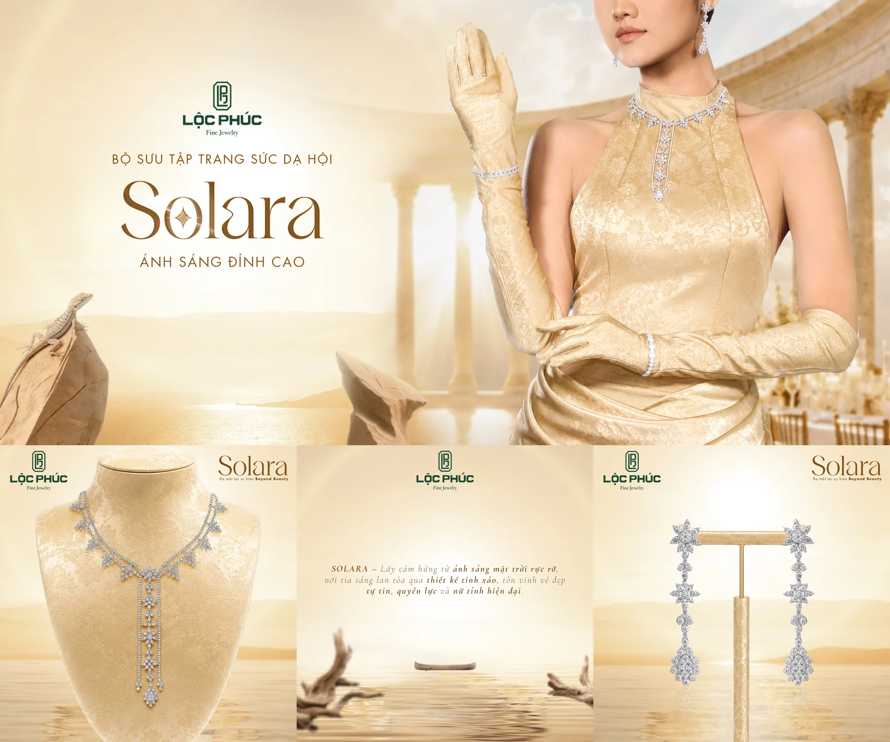 Key visual bộ sưu tập dạ hội Solara, người mẫu mặc đầm vàng champagne và bộ trang sức kim cương