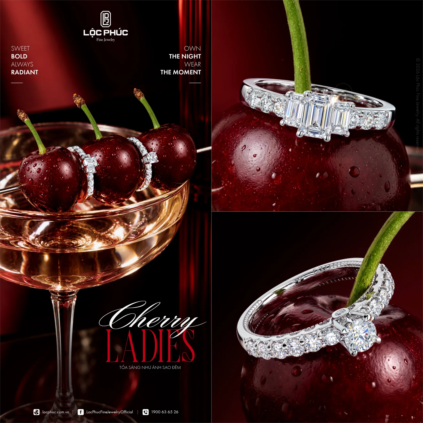 Hình concept Cherry Ladies của Lộc Phúc, nhẫn kim cương đặt trên quả cherry và ly cocktail nền đỏ