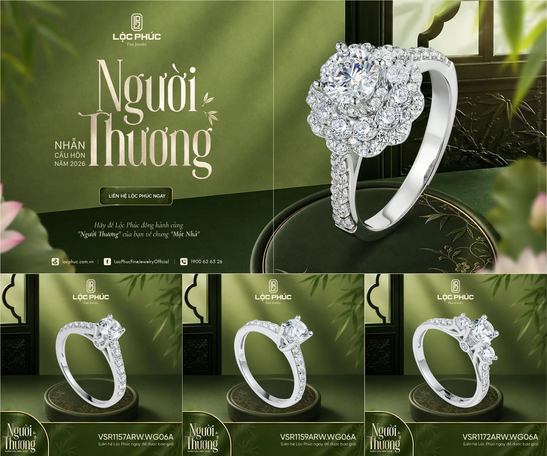Hình concept nhẫn cầu hôn Người Thương của Lộc Phúc, nhẫn halo kim cương trên nền xanh ô liu và tre