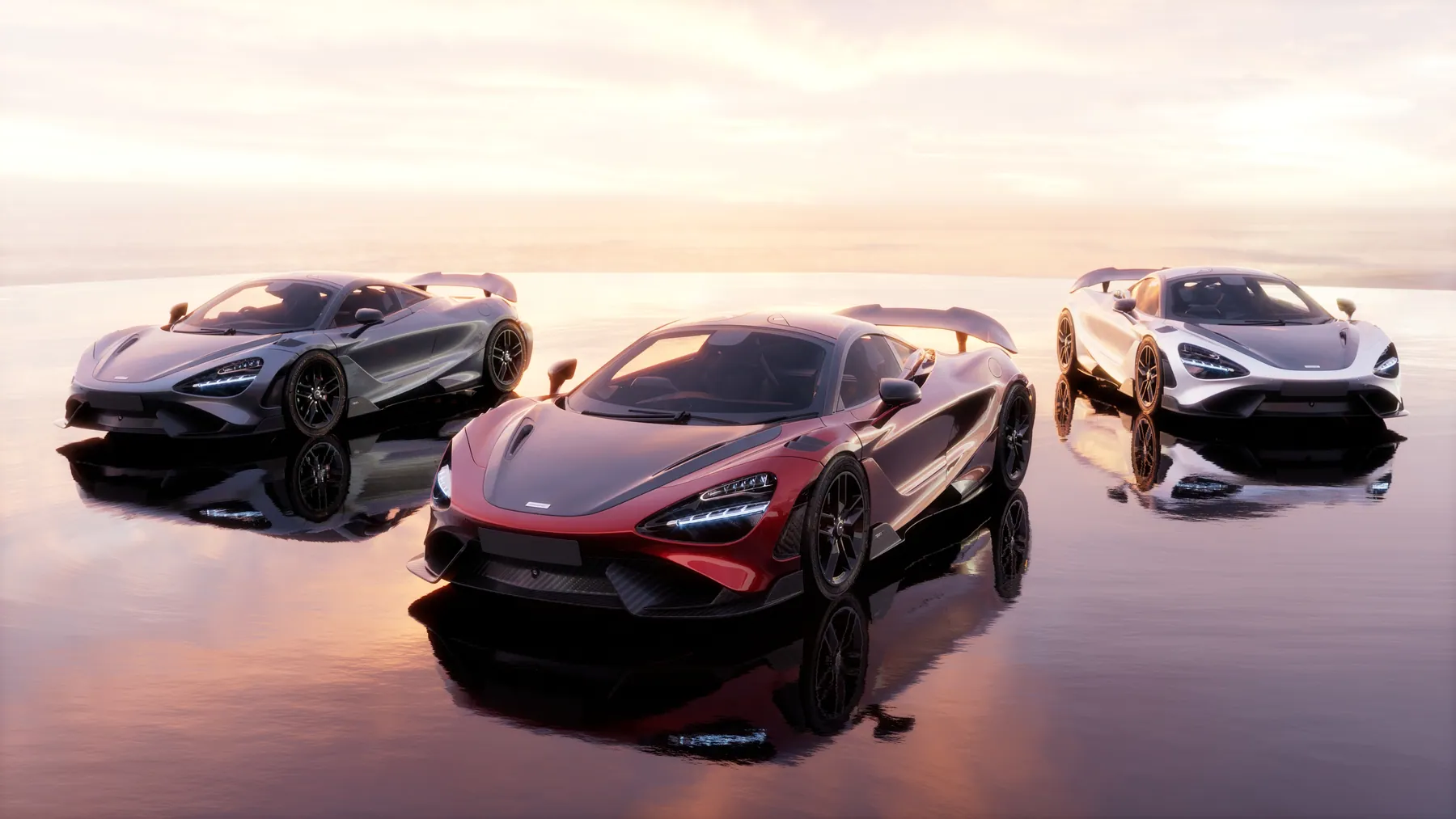 Ba chiếc McLaren 765LT đen, đỏ, trắng trên mặt nước lúc hoàng hôn