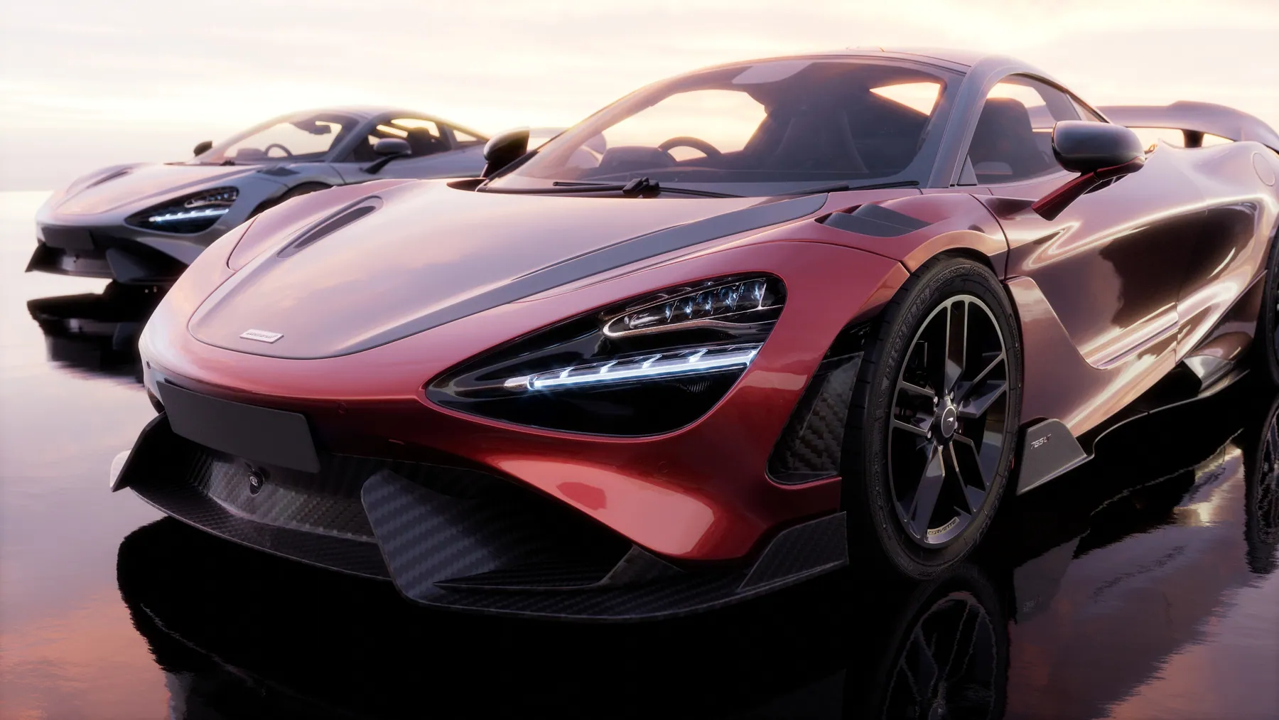 McLaren 765LT màu đỏ trên mặt nước phẳng lúc hoàng hôn, render bằng Blender