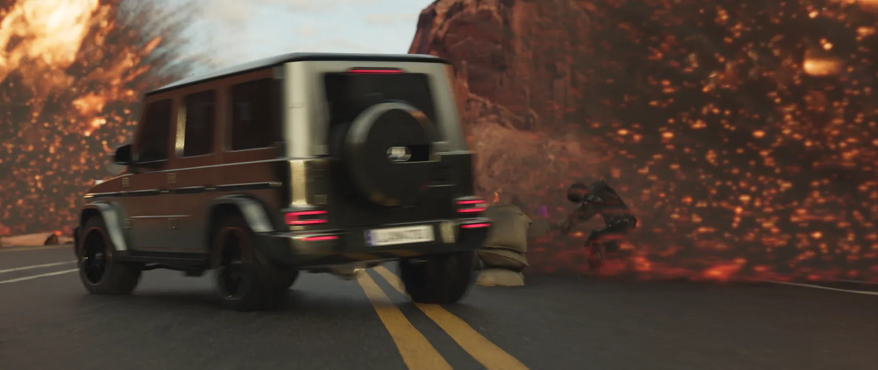 Mercedes G63 lao tới giữa cảnh cháy nổ, render 3D