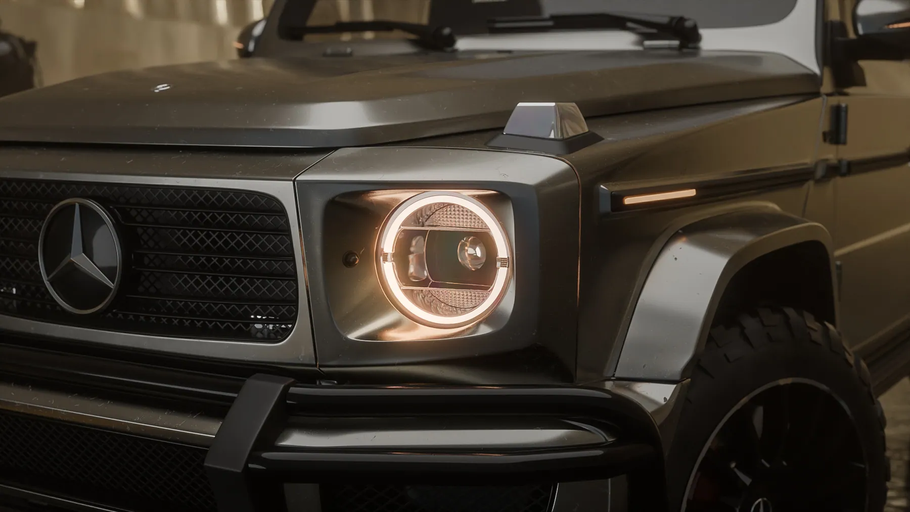 Cận cảnh cụm đèn trước Mercedes G63 với vòng sáng LED
