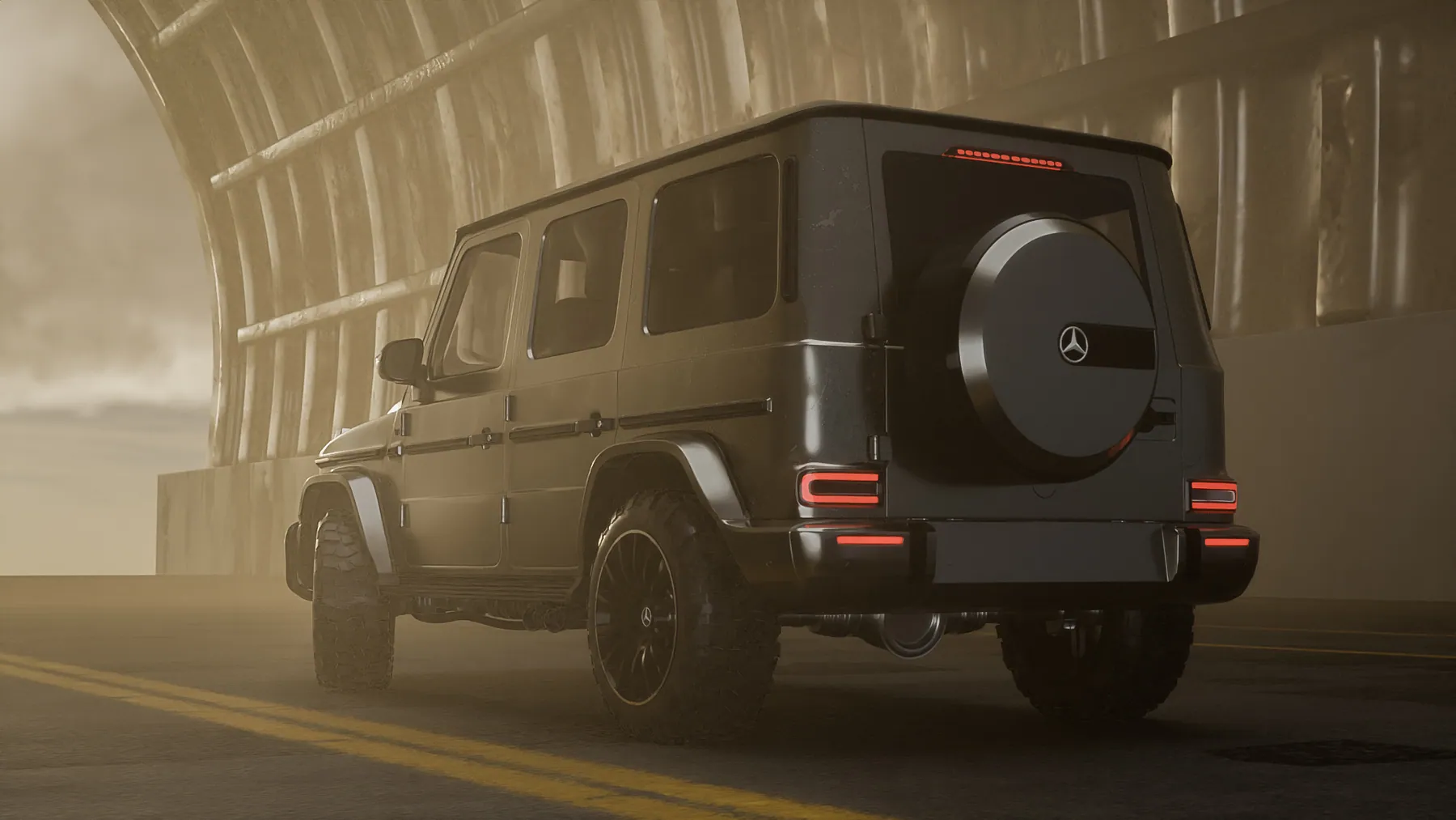 Mặt sau Mercedes G63 với lốp dự phòng và đèn hậu, render 3D