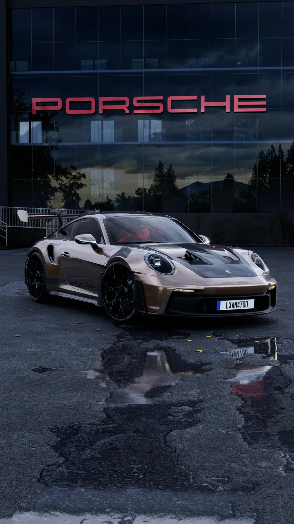 Key visual dọc Porsche 911 trước toà nhà Porsche