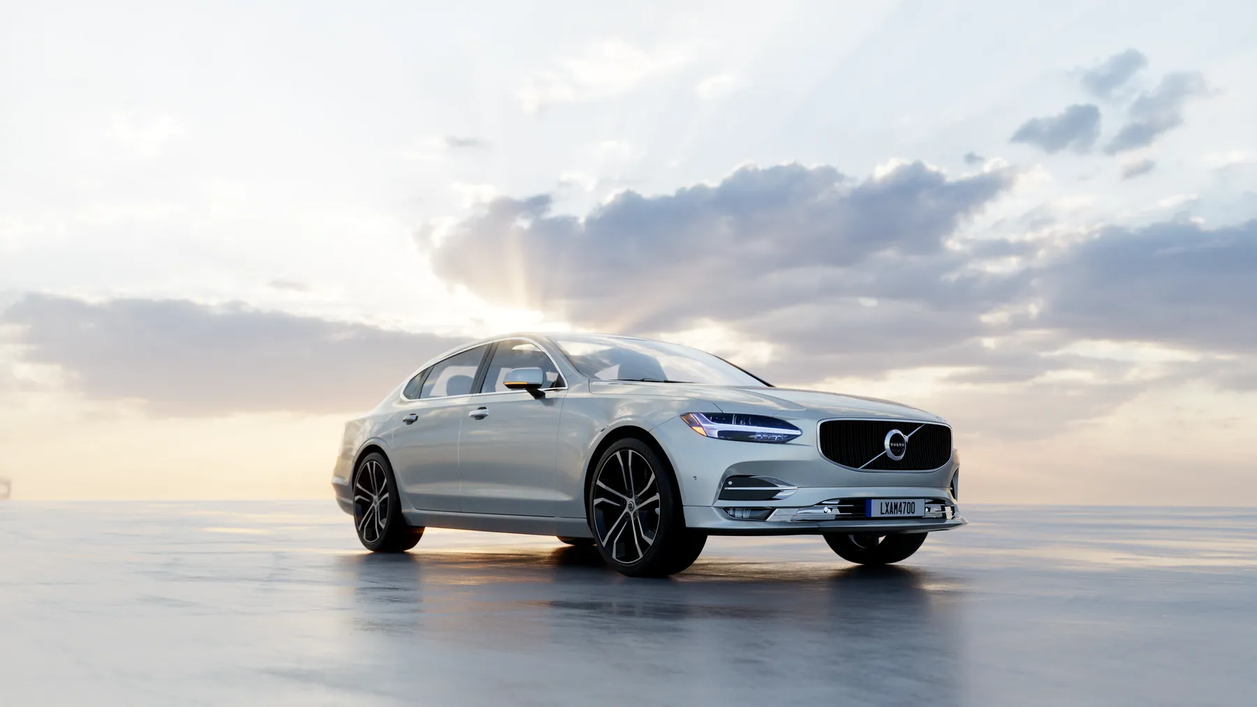 Volvo S90 màu trắng trên nền phẳng phản chiếu lúc hoàng hôn, render bằng Blender
